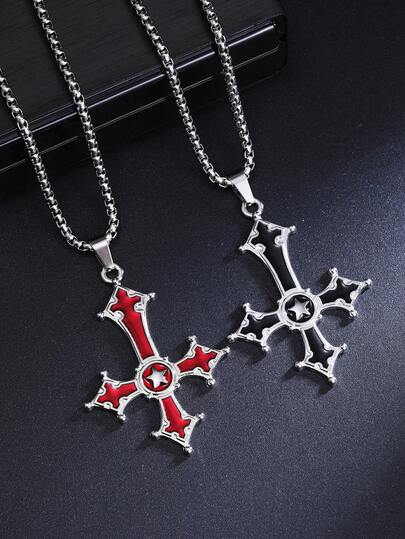 1pc Vintage Dark Style European & American New Star Cross Pendant Necklace, Unique Long Necklace For Men, Stainless Steel Jewelry Gift, Casual Wear Sweater Chain