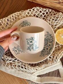 1 set (Taza + Platillo) Taza de café y platillo de cerámica retro, taza de espresso italiana, taza de postre y té de la tarde, taza de café, taza