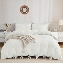 Pink Queen Size Duvet Cover Set (90x90 Inch), 3 Pieces (1 Duvet Cover, 2 Pillowcases), Soft Washed Microfiber With Bowknot Design, Easy Care Bedding For Men And Women - Ivory (No Comforter) - View 3