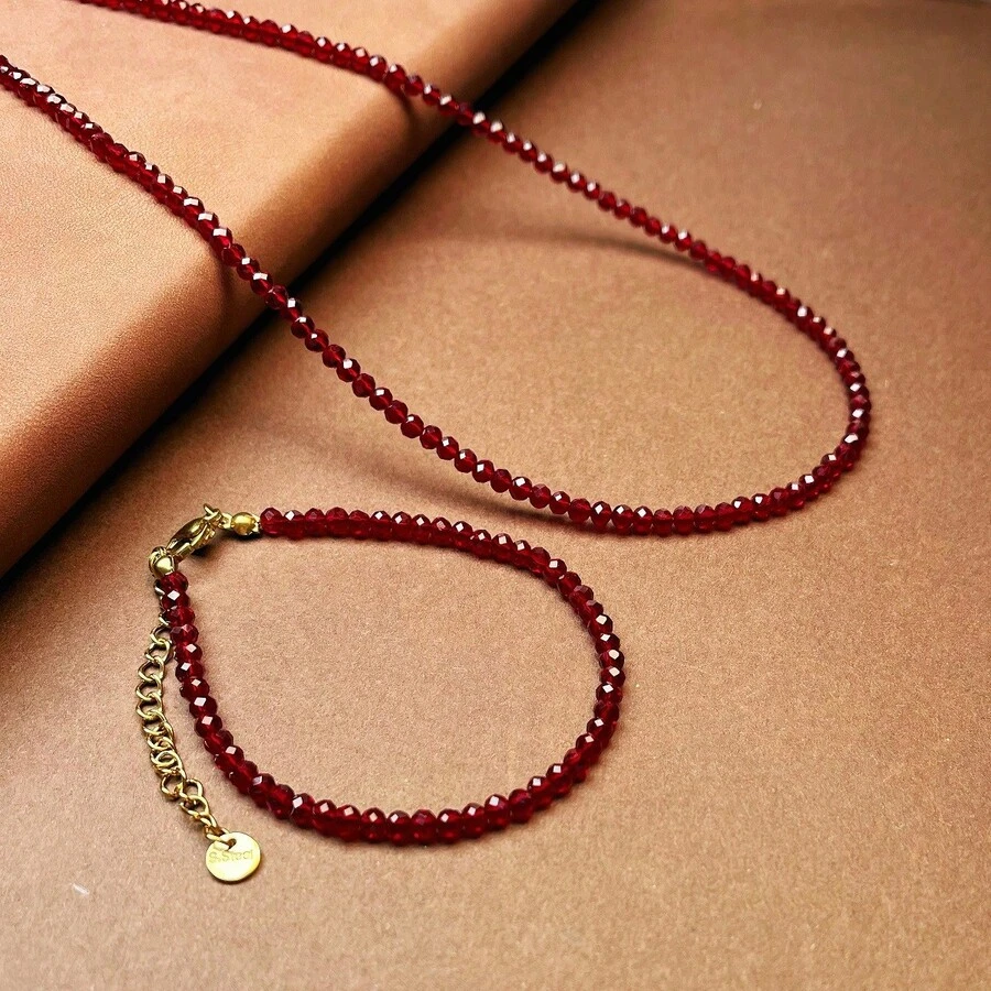 Conjunto de joyas de piedra de granada artesanal - Collar de doble capa + Pulsera | Cuarzo burdeos pulido | Estilo bohemio minimalista