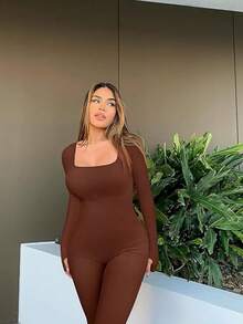 Womens Workout Winter Long Jumpsuits Seamless Yoga Gym Bodycon Rompers Sexy Unitard Tummy Control - Reddish Brown - View 5