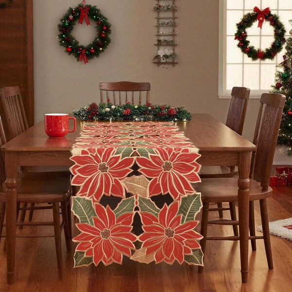 1 Pc Embroidered Poinsettia Christmas Table Cloth, Table Runner, Placemat, Embroidery With Cutworks Patterns, Red Color, Size: 33.46"*33.46", 15.35"*33.46", 15.35"*53.15", 15.35"*69.29", 11.42"*17.32", 100% Polyester, Embroidered Table Cloth, Table Runner, Best Decoration For All Kind Of Tables During Christmas.