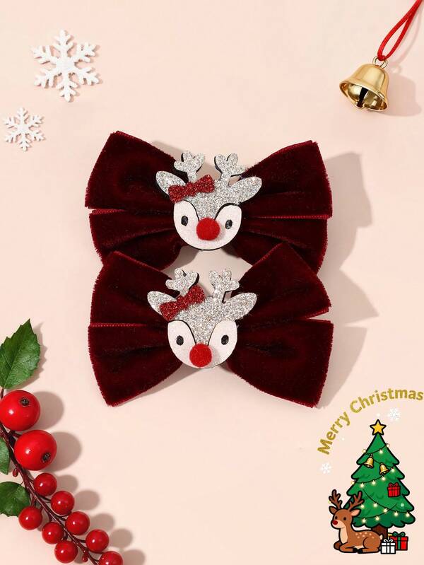 2 Stück Weihnachts-Weinrote Haarbögen für Mädchen, Glitzer-Rentier-Bögen mit Alligatorclips, elegante Samt-Haarclips, niedliche süße warme Weihnachts-Rentier-Barrettes, Haarschmuck für Teenager