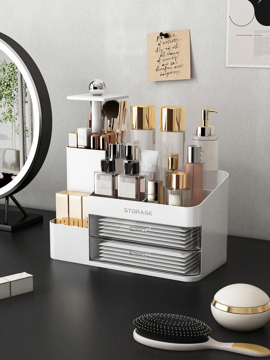 Cosmetic Storage Box With Drawer, Lifting Pen Holder Brush, Dressing Table High-End Large-Capacity Lipstick Multi-Function Compartment Storage Rack, Suitable For Countertops, Desks, Dressing Tables, Plastic Bathroom Counter Storage Box,Gifts For Women,Christmas Gifts,Gift Ideas For Women - Multicolor - View 1