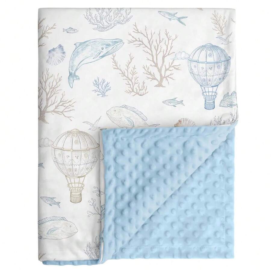 Whale Baby Fleece Blanket Neutral For Boys Girls, Soft Kid Throw Minky Blanket Double Layer With Dotted Backing, 30 X 40 Inch Blue Whale Hot-Air Balloon Print
