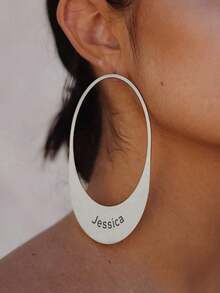 1pc Personalized Customized Name, Laka Luka Design "Oval" Earrings, Hand Stamped Large Oval Hoops, Personalized Earrings, Custom Gold Oval Earring. Statement Earrings. Fashion Accessories Paired With Clothing, Fashionable Stainless Steel Earrings. - Silver - View 5