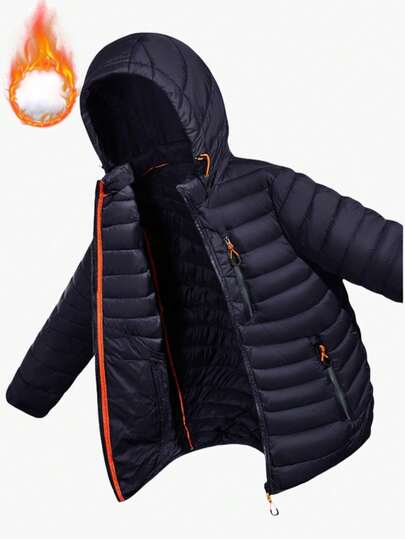 男士羽绒服，带帽罗纹针织外套，多口袋设计，时尚运动风长袖外套，适合户外活动、街头穿搭和日常穿着，秋冬季款