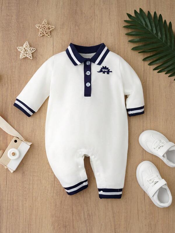 1pc Blue Dinosaur Embroidery Romper, Polo Collar Long Sleeve Outerwear For Baby