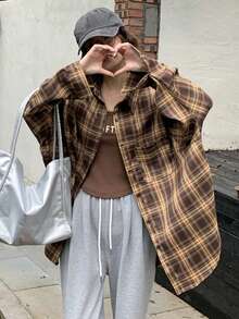 女式格子纽扣前口袋休闲居家旅行长袖衬衫，春秋季 - 棕色 - 查看 6