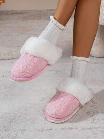 Cozy Knitting Women's Fuzzy Slip-On Slippers, Warm Winter Footwear Anti-Sole Winter Home Comfort In Soft Thermal Lined & Warm, Winter Shoes For Women