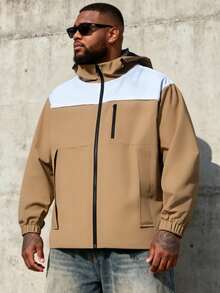 Men Plus Patchwork Long Sleeve Zip-Up Casual Hooded Jacket, Fall - Green - View 4