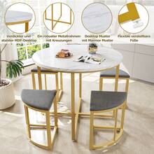 Dining Room Set With Table And Four Chairs, Dining Room Set With MDF Top And Gold Plated Iron Frame, Velvet Chair, Modern Luxury Tables And Chairs, Gray - White+Gray+MDF+Metal - View 8