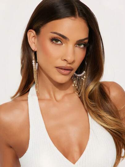 1 Pair Bohemian Faux Pearl Hoop Earrings With Tassel, Personalized Exaggerated Earrings Suitable For Women's Daily Commute, Holiday Gifts, Friends Gathering, Banquet, Fashion Street Photography, Fashion Show Accessories