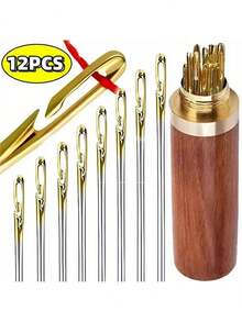 12pcs Stainless Steel Large Eye Sewing Needles, Stainless Steel Easy Thread Side Hole Sewing Needles, Hand Stitching Pins For Seniors, DIY Home Craft Supplies, Stitching Pins,Handmade Yarn Knitting Needles With Leather Needle And Storage Tube