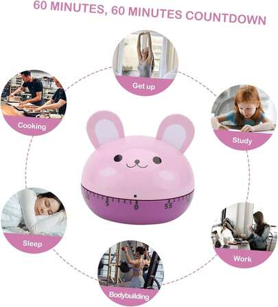 1Pz Súper lindo Animal Temporizador De Conejo Color Rosa con Morado Mecánico Reloj Despertador Manual Para Cocinar Hornear
