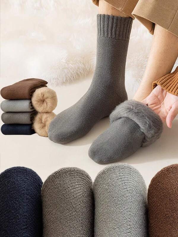 3 pares de calcetines de media caña térmicos de felpa suave y gruesa de colores aleatorios para hombres, calcetines largos de protección contra el frío del invierno, adecuados para otoño/invierno, uso en interiores y exteriores