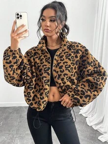 Leopard Print Fuzzy Zip-Up Drawstring Casual Jacket For Women