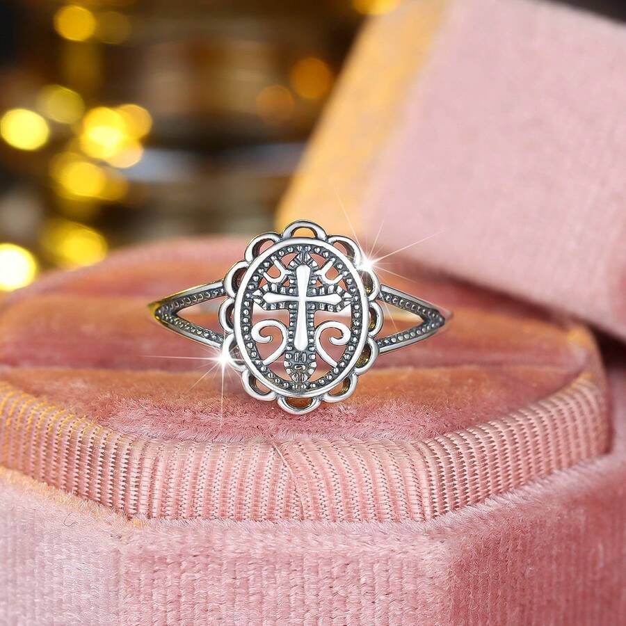 925 Sterling Silvery Cross Ring For Women - Boho Chic, Perfect For Daily Wear & Weddings, Gift-Ready - Antique Silver - View 1