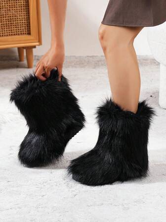 奢华女士毛茸茸中筒雪地靴，时尚个性化女鞋 - 厚实保暖，人造毛皮衬里，蓬松靴子，毛绒毛茸派对盛装女式冬靴