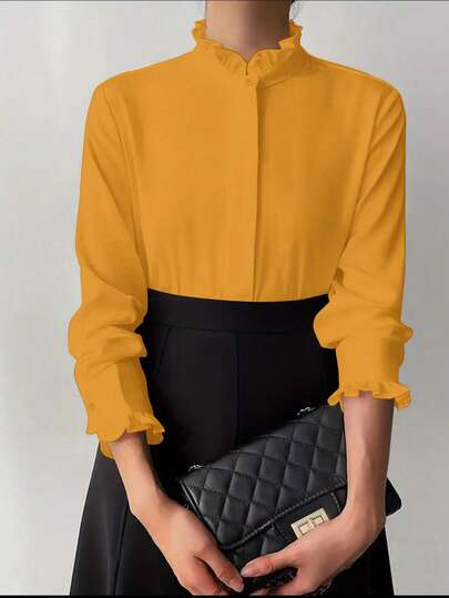 Weiße Rüschenbluse für Frauen, einfarbig, minimalistisch, für Lässig & Alltag