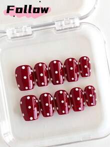 10片红色波点短方形手工美甲贴纸，美甲用品，甜美风格按压式美甲贴纸，可爱，假指甲，圣诞美甲，简约全覆盖美甲贴纸，适合女性秋冬季派对、节日、舞蹈、日常穿着 - 彩色 - 查看 2