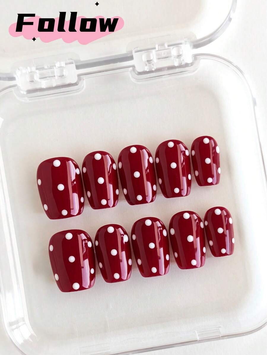 10片红色波点短方形手工美甲贴纸，美甲用品，甜美风格按压式美甲贴纸，可爱，假指甲，圣诞美甲，简约全覆盖美甲贴纸，适合女性秋冬季派对、节日、舞蹈、日常穿着