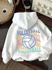 [Cozy Volleyball Print Hoodie] Cozy Women's Casual Loose-Fit Hoodie With Volleyball Print |   Drawstring Hooded Sweatshirt, White With Colorful Lettering, Perfect For Fall & Winter - 白色 - 查看 3