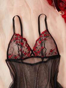 2pcs Women's Sexy Nightgown & Robe Set, Sheer Mesh Floral Design, Adjustable Spaghetti Straps Lingerie Dress Set