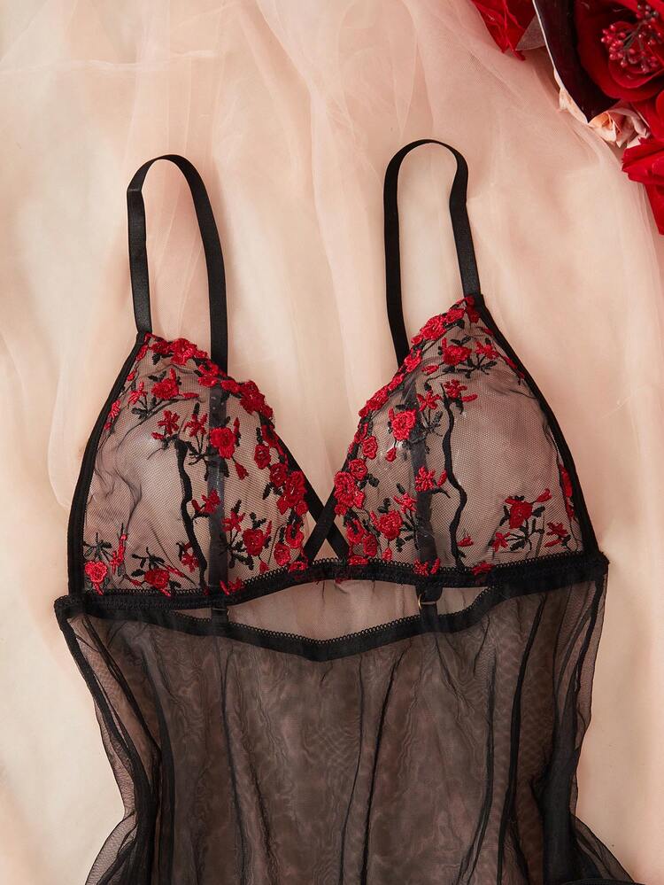 2 piezas Conjunto de camisón y bata sexy para mujer, diseño floral de malla transparente, con tirantes ajustables, conjunto de lencería - Negro - Añade 4