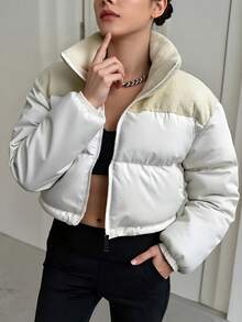 Women's Short Padded Coat, Color Block Patchwork Corduroy Zipper Stand Collar, Suitable For Parties, Dates, Daily Wear In Autumn/Winter