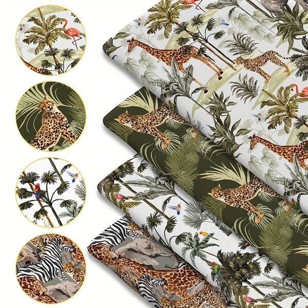 1pc Tropical Animal Printed Polyester Fabric, 59in/150cm Wide, Pre-Cut DIY Patchwork Craft Material With Zebra, Giraffe, Leopard, Elephant, Vintage Tropical Plant Patterns, Suitable For Sewing, Quilting, Scrapbooking, Tablecloth And Handicrafts