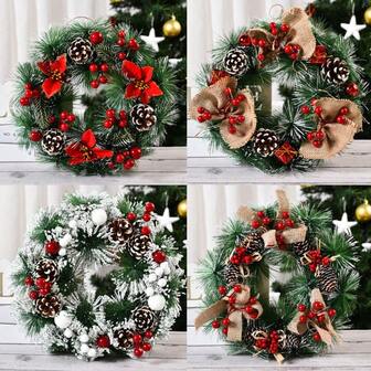 Christmas Wreath Berry Handmade Floral Front Door Rustic Wreath Flocked With Mixed Decorations Christmas Decorations Christmas Wreaths For Front Door Xmas Art Decorations Thanksgiving Day Indoor Outdoor Home Decorative Wreath Three Red Flowers Pine Cones Fruits Leaves Snowflakes Wreaths Wall Window Door Wreath Room Decor