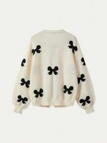 FOR BEAUTY Round Neck Bow Tie Long Sleeve Knitted Cardigan, Loose Fashion Elegant Versatile Front Tie Sweater Jacket, New Year Knitted Cardigan - Apricot - View 4