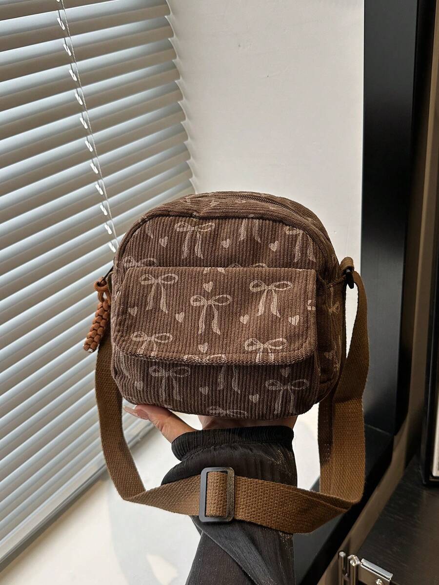 Bolsa de Ombro/Bolsa Transversal Multibolso Mini de Veludo Canelado, Portátil, Casual, Versátil, Adequada para Uso Diário de Mulheres