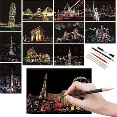12PCS Scratch Art Paper, 12 Sheets. 8x5.5 Scratch Paper With Tools Scratch Art Adults And Foil Art Card Engraving, Landmark Buildings KitAmericaEurope