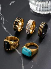 5-Piece Men's Stainless Steel Ring Set 18K Gold-Plated Rotating Anxiety Relief Ring Retro Pattern Fashionable Imitation Turquoise Bohemian Men's Jewelry Suitable For Everyday Wear Gift