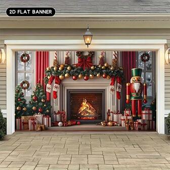 Pancarta plana 2D, Mural de Cascanueces Navideño - Decoración de festival al aire libre grande, Señalización horizontal sin necesidad de energía adecuada para jardín y fondo de fiesta, Accesorios navideños para puerta de garaje, Pancartas de festival, Decoradores del hogar livianos y duraderos, Plano 2D