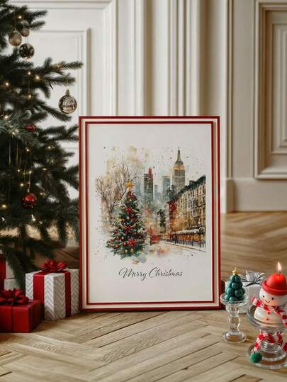 1pc Frameless Christmas In New York Print, Watercolor Christmas Wall Art, Festive NYC Decor, Merry Christmas Art Print, NYC Art, Xmas Wall Decor,