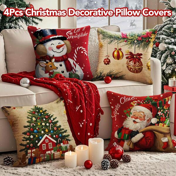 4 piezas Fundas de almohada suaves de poliéster con impresión de Papá Noel, muñeco de nieve, árbol de Navidad, cierre con cremallera, lavable a máquina, adecuado para decoración del hogar, sala de estar, dormitorio, porche, jardín, campamento al aire libre, decoración navideña (solo fundas, inserto no incluido)