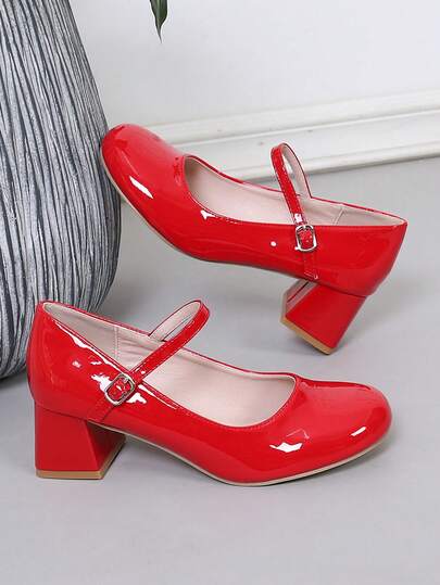 Autumn/Winter New Women's Fashion Chunky Heel Pointed Toe Patent Leather Flats Vacation Style Pointed Toe Buckle Strap High Heel Pumps, Suitable For All Seasons Red Mary Jane High Heel Pumps For Evening Party