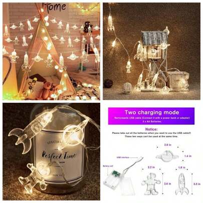 Guirnalda de 20 luces ledes para habitacin de los nios, astronauta, nave espacial, cohete, colgantes, luces de, pared, ventana, guardera o habitacin de los nios, decoracin de boda alrededor del jardn, patio, Navidad blanco clido