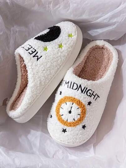 Nuevos Pantuflas de Invierno/Otoño con Reloj de Luna Creciente, Plush Grueso Antideslizante para Mujer, Zapatos Planos de Pareja, Fondo Grueso Cálido de Punto, Pantuflas de Maternidad para Interiores