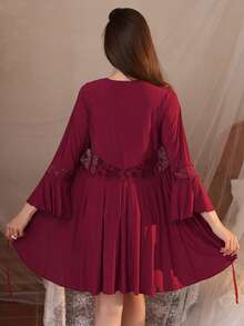 3pcs Set Women Sleepwear With Padded Bra Top, Lace Trim Loose Stretchy Semi-Sheer Camisole Top, Shorts And Lace Long Sleeve Robe, Suitable For Casual And Loungewear, Christmas, Winter Clothes