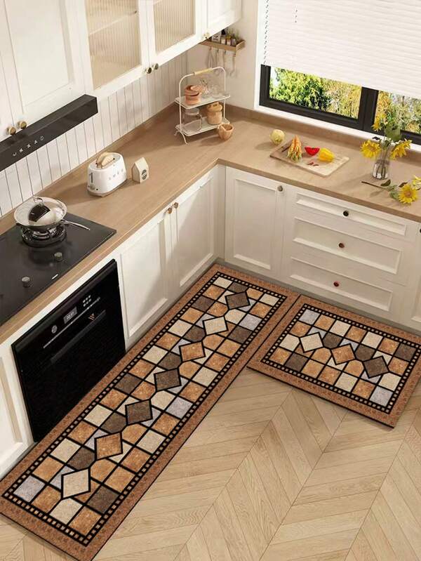 Tapete de cozinha de sílica gel com padrão geométrico de mosaico, composto por formas geométricas em marrom, bege e cinza, como losangos e quadrados, apresentando um efeito vintage de azulejo ou mosaico, estilo minimalista e organizado. Tapete de cozinha luxuoso e moderno, com amortecimento e antifadiga.