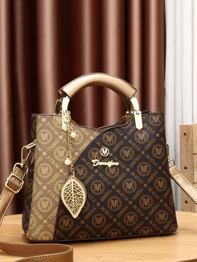 欧美风格奢华时尚女士印花手提包，适合工作和购物，大尺寸，带装饰吊坠，母亲节礼物，妈妈礼物，妈妈的必需品，外出妈妈包，女士优雅包，引人注目的女士工作包