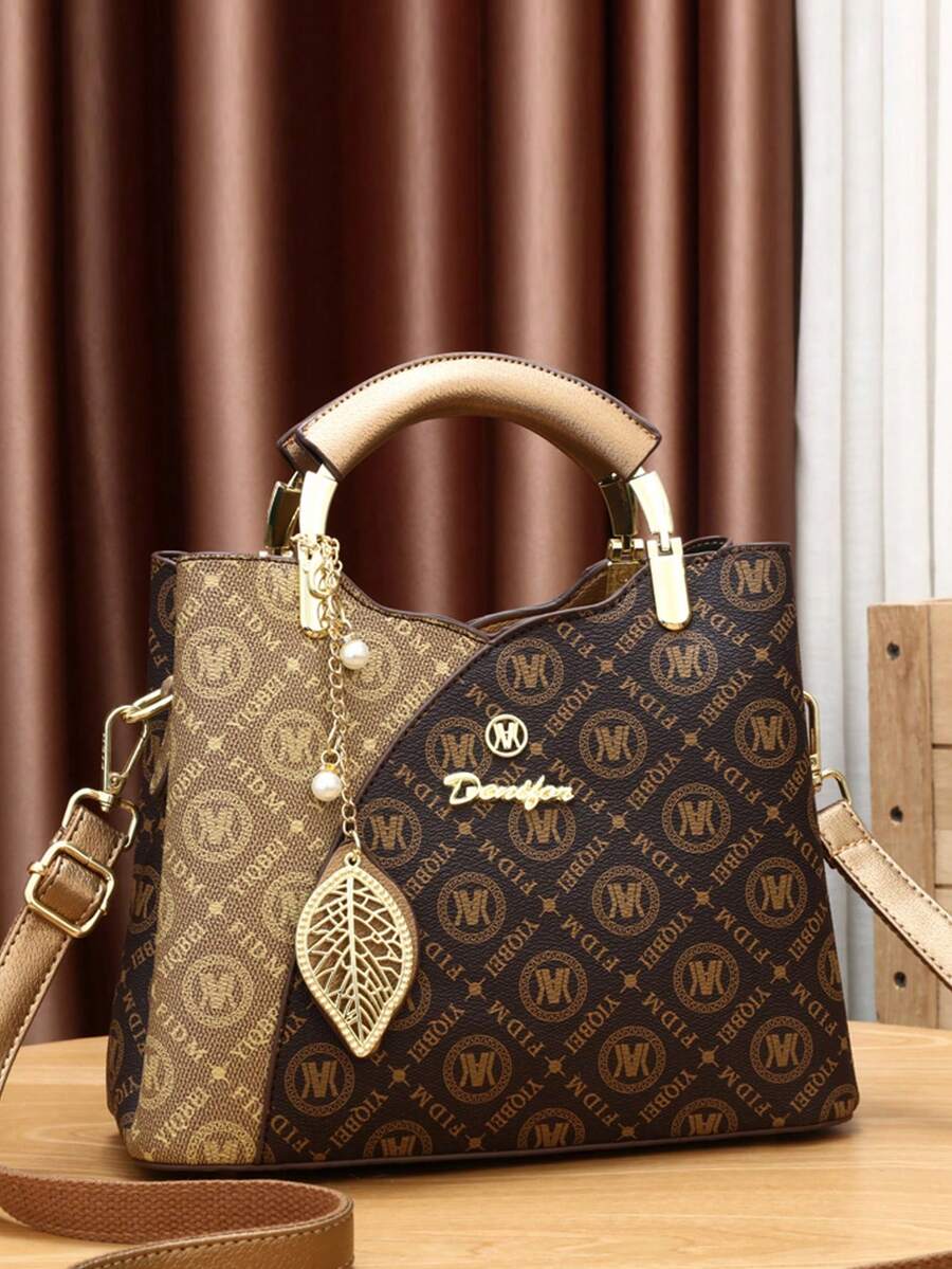 欧美风格奢华时尚女士印花手提包，适合工作和购物，大尺寸，带装饰吊坠，母亲节礼物，妈妈礼物，妈妈的必需品，外出妈妈包，女士优雅包，引人注目的女士工作包 - 金色 - 查看 1