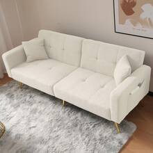 Sofa Bed With Bed Function, Adjustable Angle, Gold Feet, With Cushions And Side Storage Pockets - White - View 2