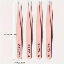 4pcs Precision Stainless Steel Tweezers For Eyebrow Hair Removal, Ingrown Hairs, Blackheads, Slanted Pointed Tip - Pink - View 3