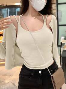 Bộ 2 món áo nữ không tay và áo khoác cardigan cổ tròn, thích hợp cho mùa thu xuân. - Màu be - Xem 5