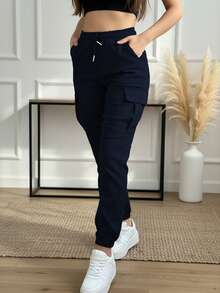 Plus Size Women's Fashion Elegant Solid Color Casual Drawstring Waist Cargo Pants